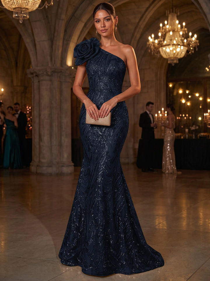 Trumpet/Mermaid One-Shoulder Sleeveless Tulle Floor-Length Evening Dresses with Appliques&amp;3D Flower