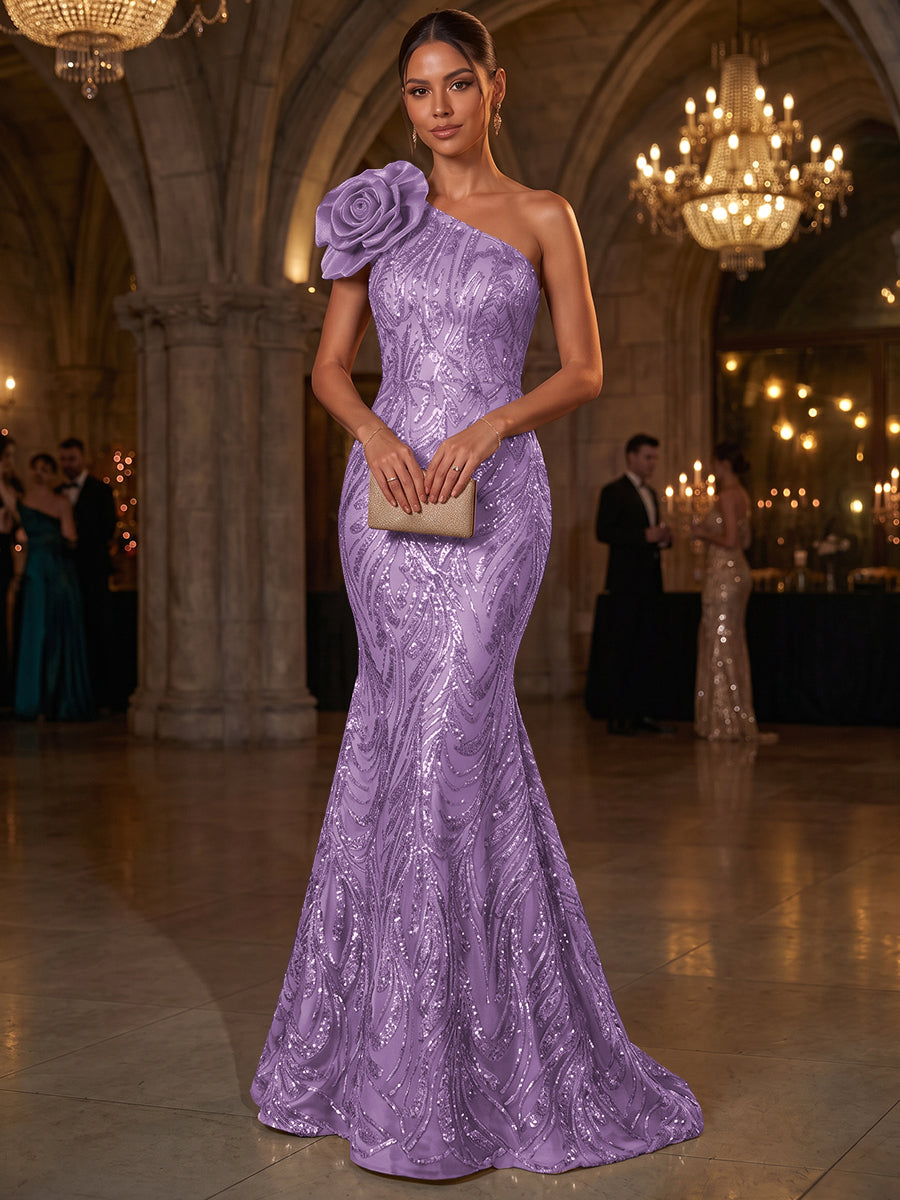 Trumpet/Mermaid One-Shoulder Sleeveless Tulle Floor-Length Evening Dresses with Appliques&amp;3D Flower