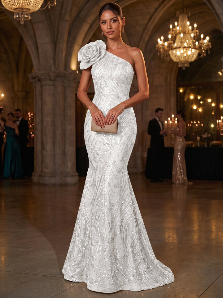 Trumpet/Mermaid One-Shoulder Sleeveless Tulle Floor-Length Evening Dresses with Appliques&amp;3D Flower