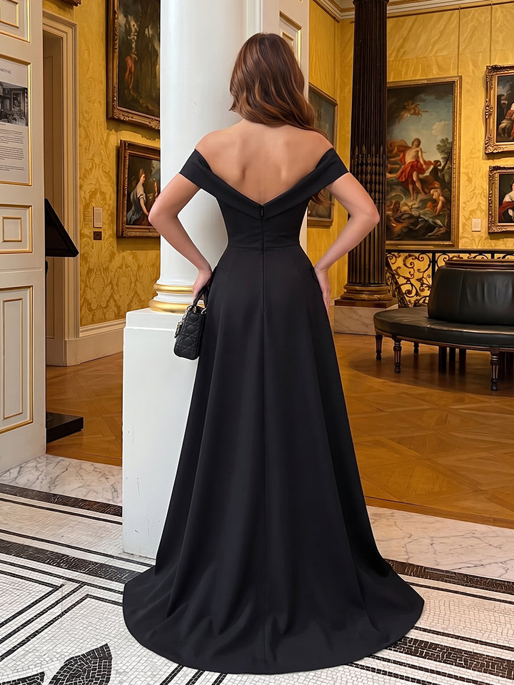 A-Line/Princess Off-the-Shoulder Sleeveless Satin Floor-Length Evening Dresses with Pockets