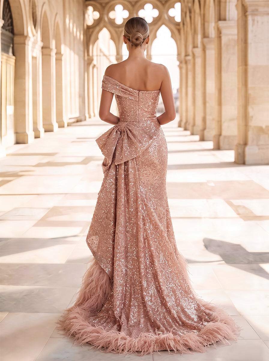 A-Line/Princess One-Shoulder Sleeveless Sequin Floor-Length Evening Dresses with Bowkont&amp;Feather