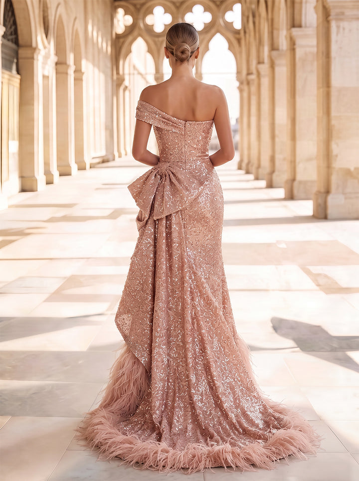 A-Line/Princess One-Shoulder Sleeveless Sequin Floor-Length Evening Dresses with Bowkont&amp;Feather