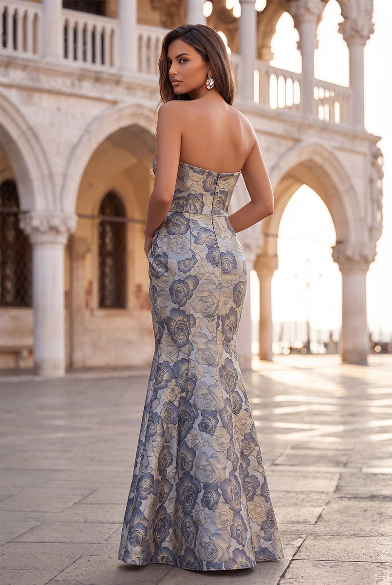 Sheath/Column Strapless Sleeveless Jacquard Floor-Length Evening Dresses with Ruched&amp;Ruffles