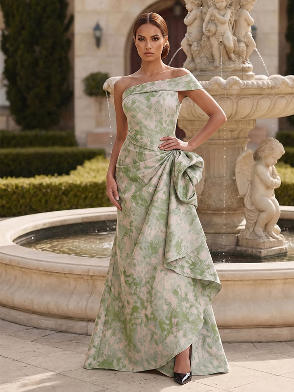 Sheath/Column One-Shoulder Sleeveless Jacquard Floor-Length Evening Dresses with Ruched