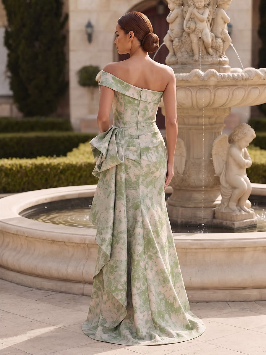 Sheath/Column One-Shoulder Sleeveless Jacquard Floor-Length Evening Dresses with Ruched
