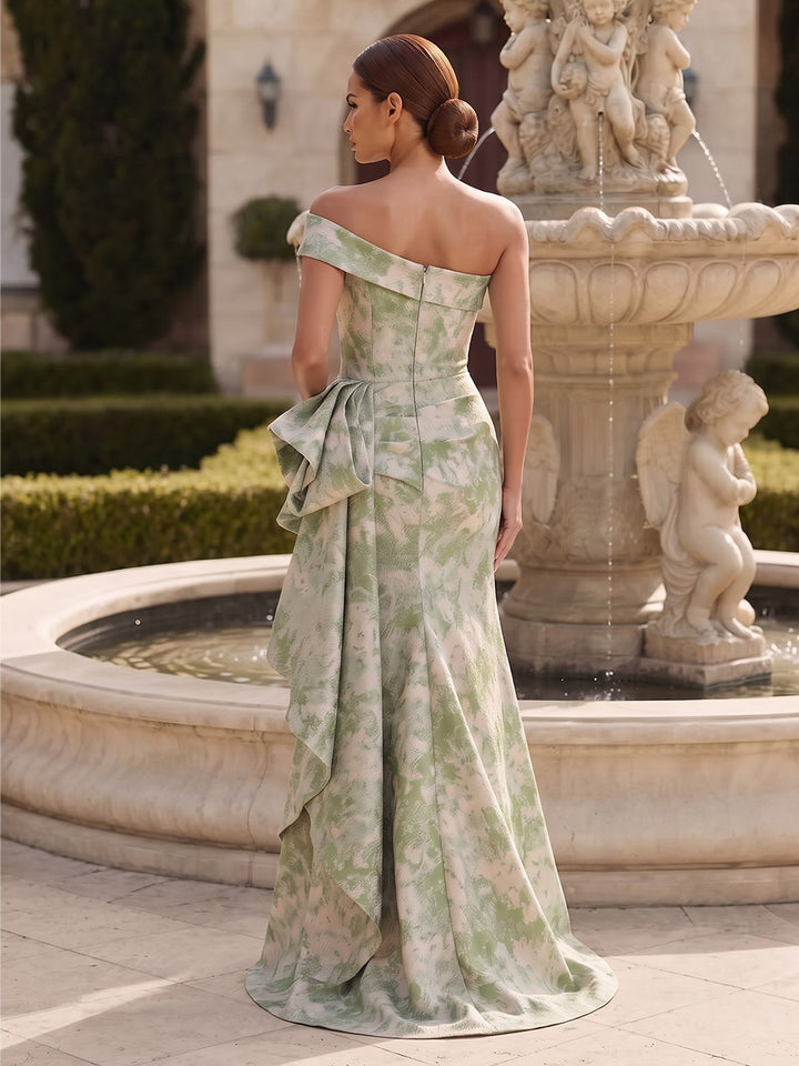Sheath/Column One-Shoulder Sleeveless Jacquard Floor-Length Evening Dresses with Ruched