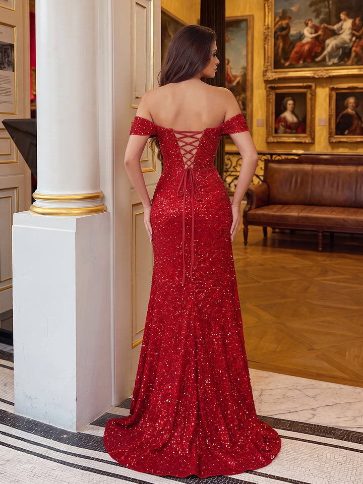 Trumpet/Mermaid Off-the-Shoulder Sleeveless Sequin Floor-Length Evening Dresses with Pleats