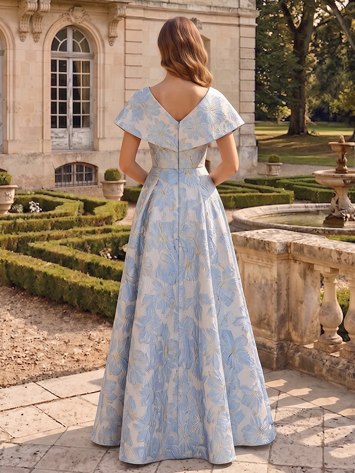 A-Line/Princess V-Neck Cap Sleeves Jacquard Floor-Length Evening Dresses with Ruched
