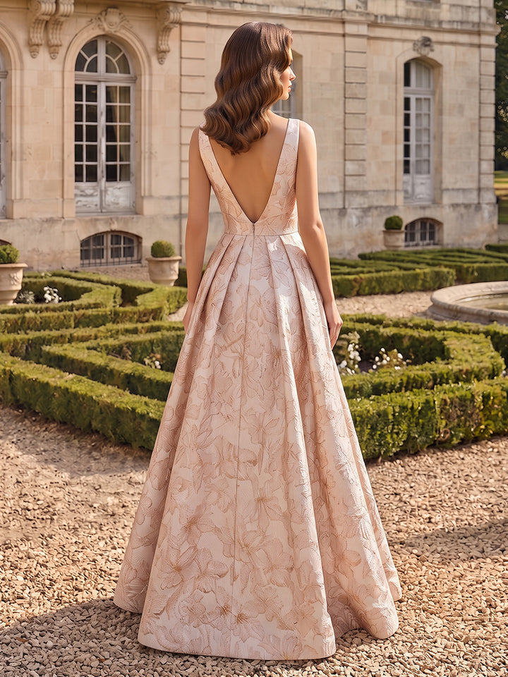 A-Line/Princess V-Neck Sleeveless Jacquard Floor-Length Evening Dresses with 3D Flower&amp;Split Side