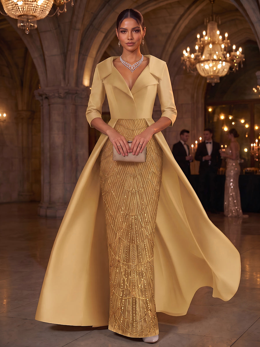A-Line/Princess Shirt Collar 3/4 Sleeves Satin Floor-Length Evening Dresses with Sequins