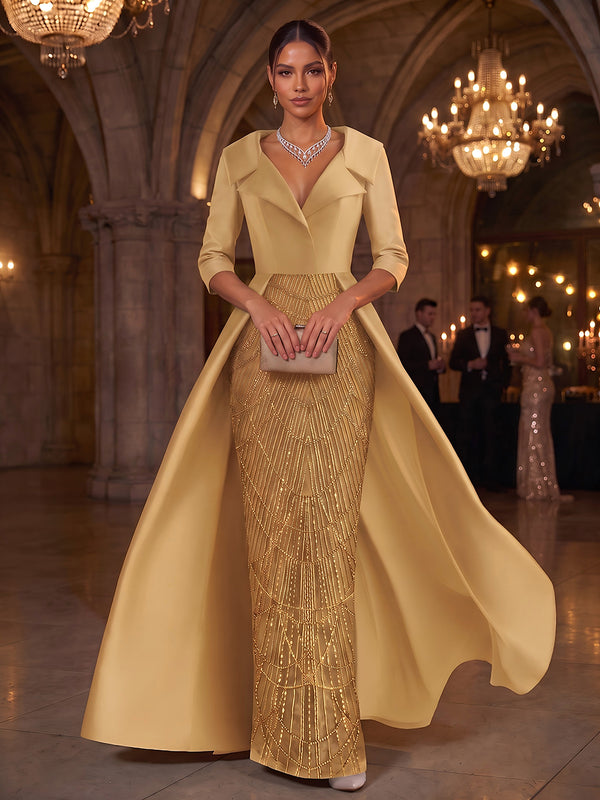 A-Line/Princess Shirt Collar 3/4 Sleeves Satin Floor-Length Evening Dresses with Sequins