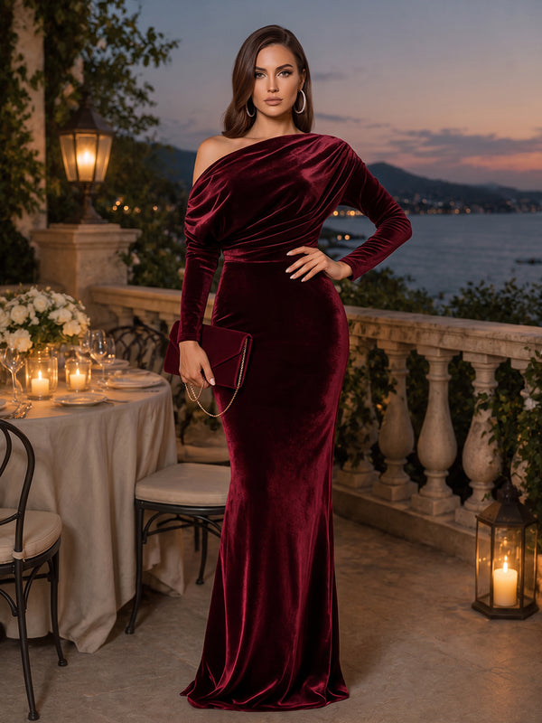 Trumpet/Mermaid Off-the-Shoulder Long Sleeves Velvet Floor-Length Evening Dresses with Ruched