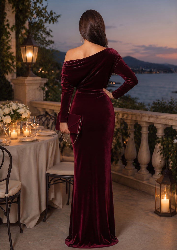 Trumpet/Mermaid Off-the-Shoulder Long Sleeves Velvet Floor-Length Evening Dresses with Ruched