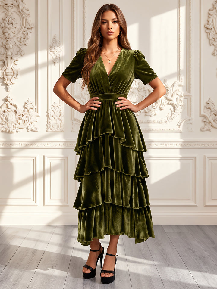 A-Line/Princess V-Neck Short Sleeves Velvet Tea-Length Evening Dresses with Tiered&amp;Ruffles