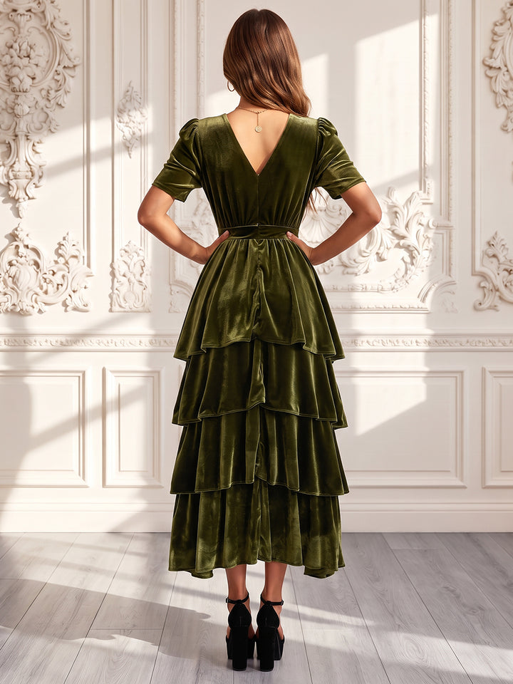 A-Line/Princess V-Neck Short Sleeves Velvet Tea-Length Evening Dresses with Tiered&amp;Ruffles