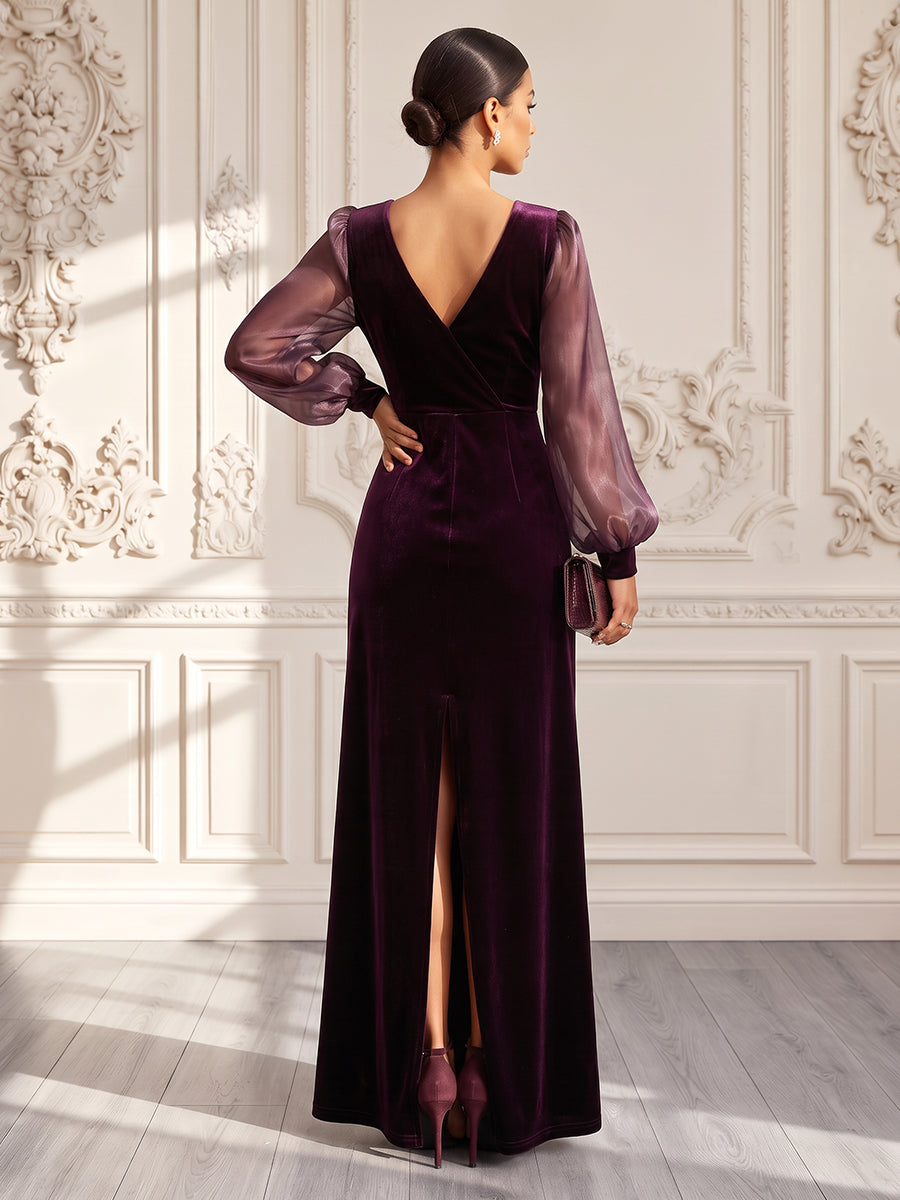 Sheath/Column V-Neck Long Sleeves Velvet Organza Floor-Length Evening Dresses with Ruched