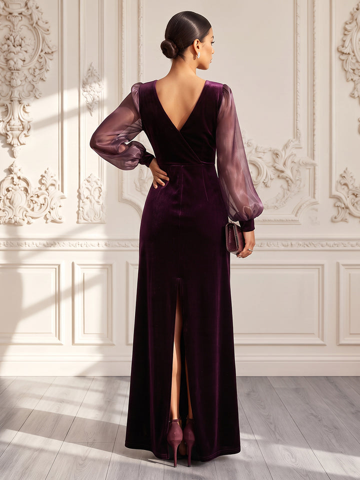 Sheath/Column V-Neck Long Sleeves Velvet Organza Floor-Length Evening Dresses with Ruched