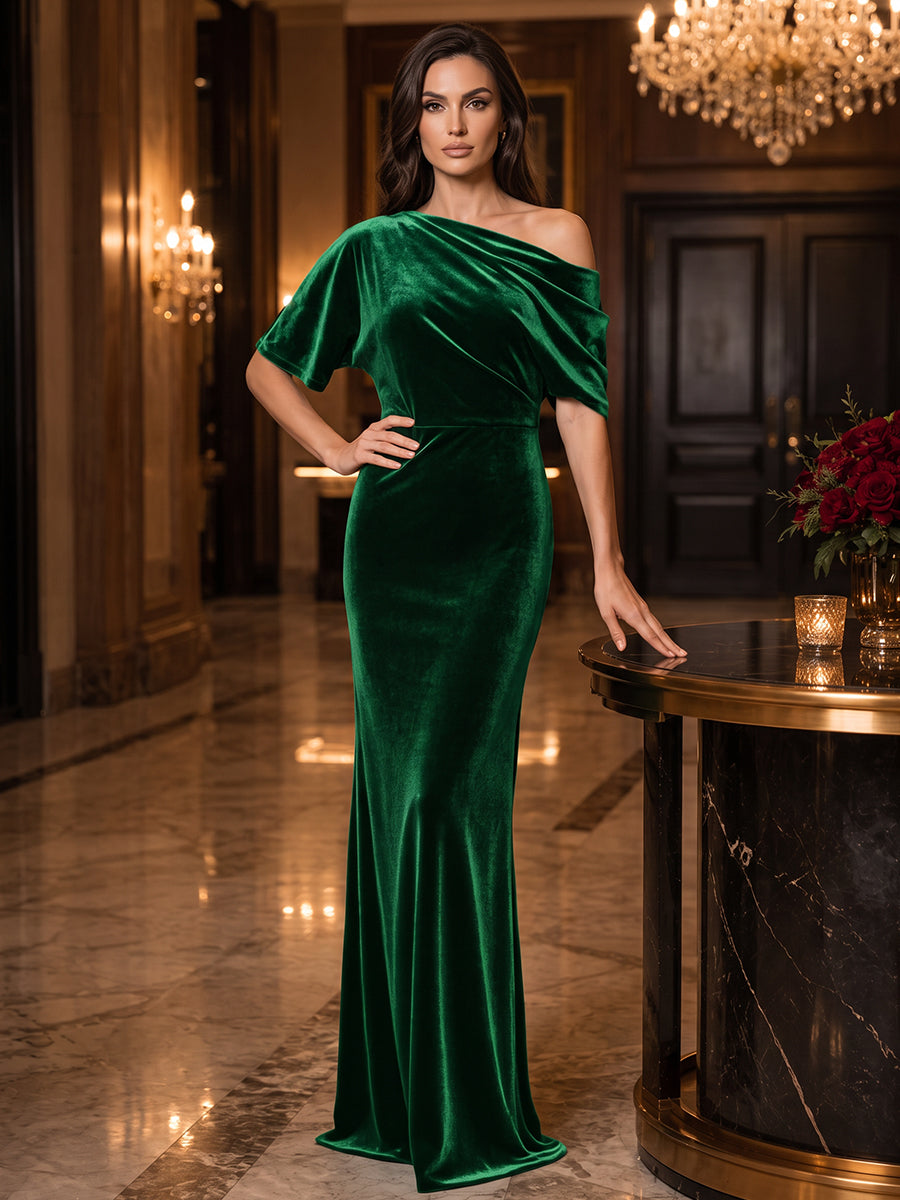 Sheath/Column Off-the-Shoulder Short Sleeves Velvet Floor-Length Evening Dresses with Ruched