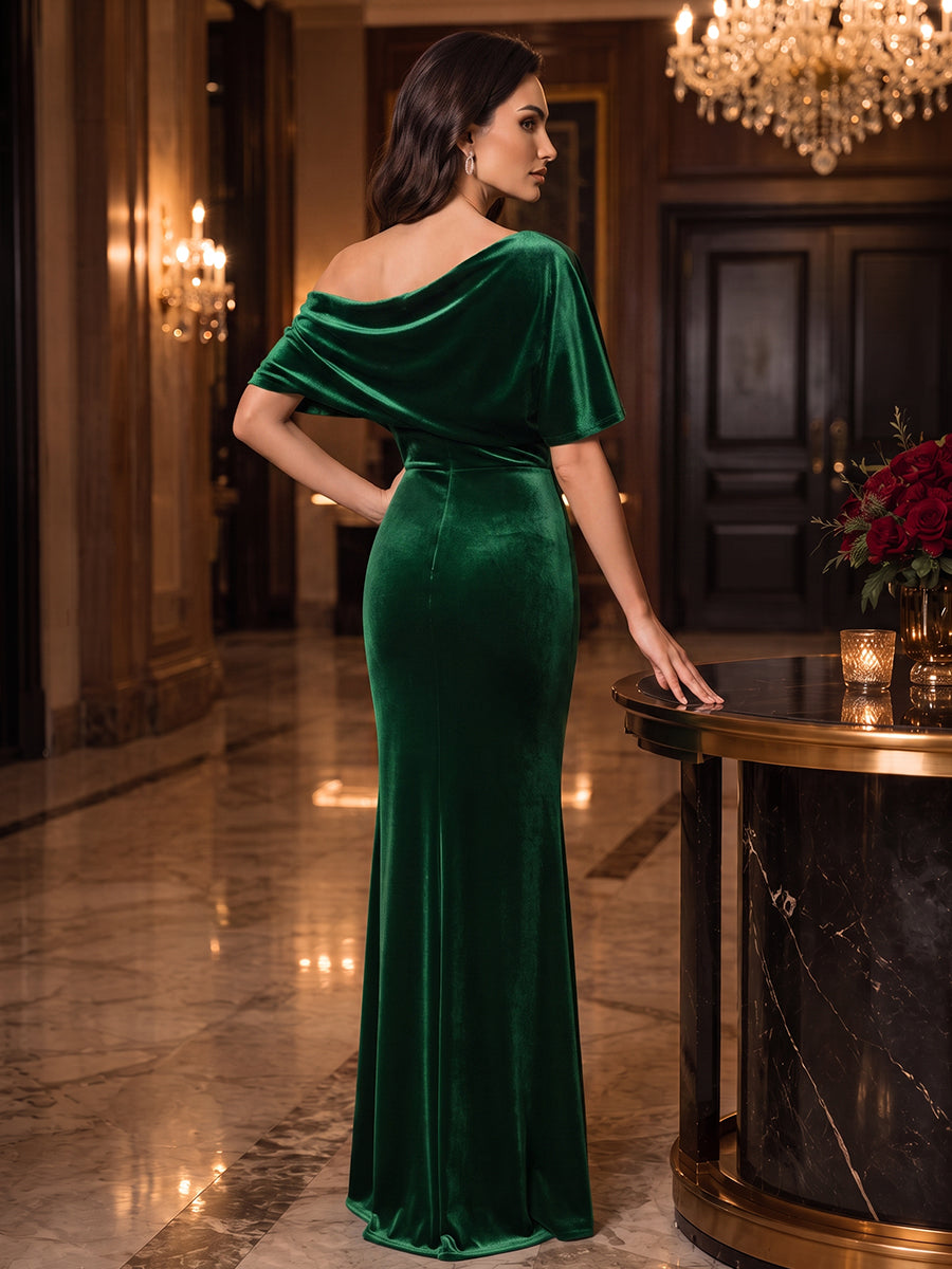 Sheath/Column Off-the-Shoulder Short Sleeves Velvet Floor-Length Evening Dresses with Ruched