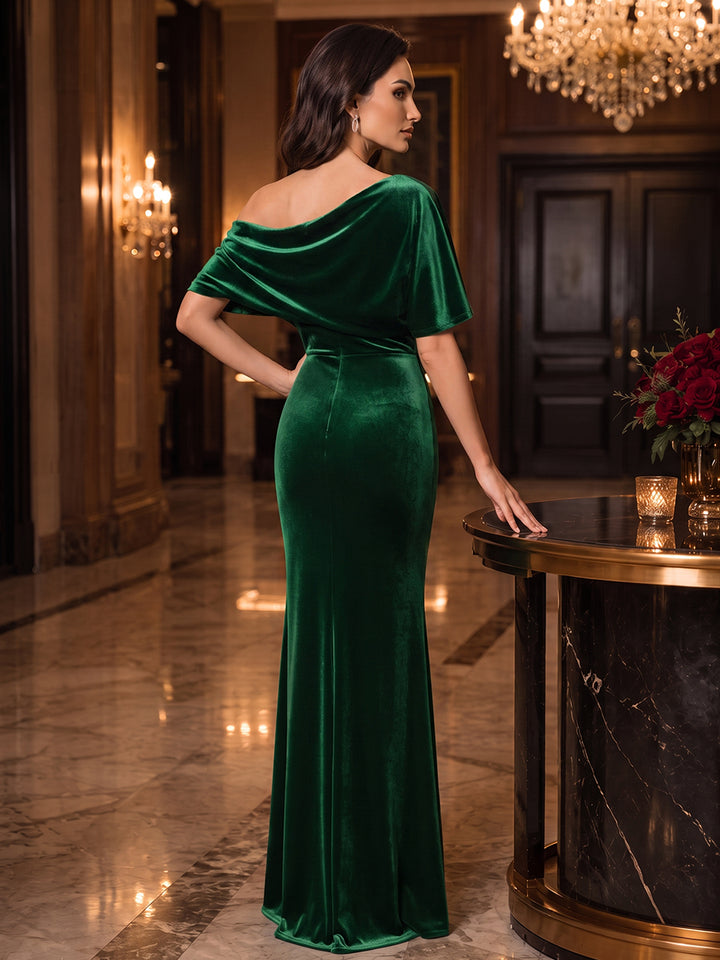 Sheath/Column Off-the-Shoulder Short Sleeves Velvet Floor-Length Evening Dresses with Ruched