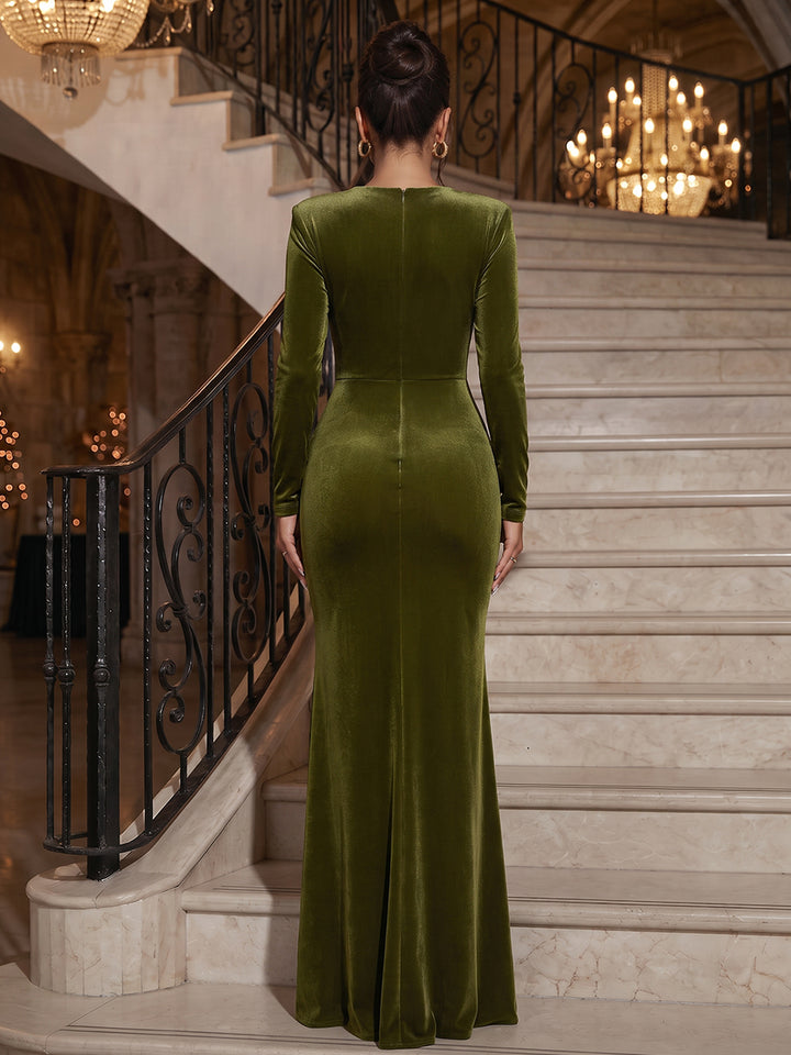 Sheath/Column V-Neck Long Sleeves Velvet Floor-Length Evening Dresses with Pleats&amp;Sash