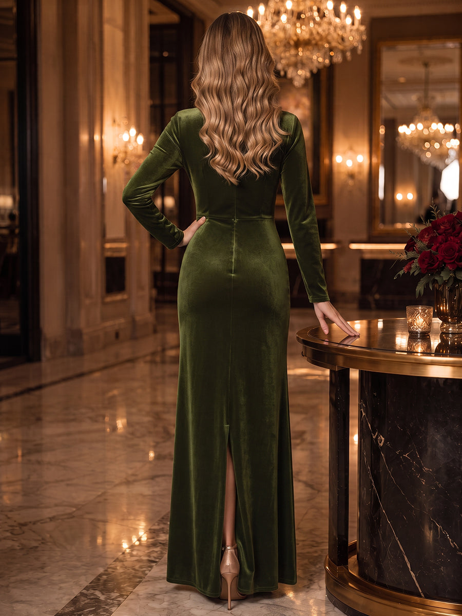 Sheath/Column V-Neck Long Sleeves Velvet Floor-Length Evening Dresses with Pleats&amp;Sash