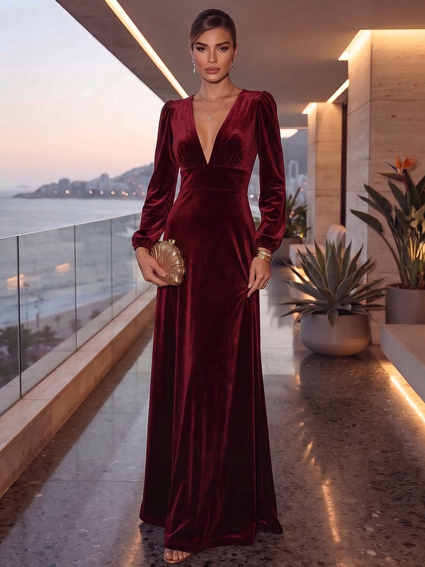 Sheath/Column V-Neck Long Sleeves Velvet Floor-Length Evening Dresses with Ruched