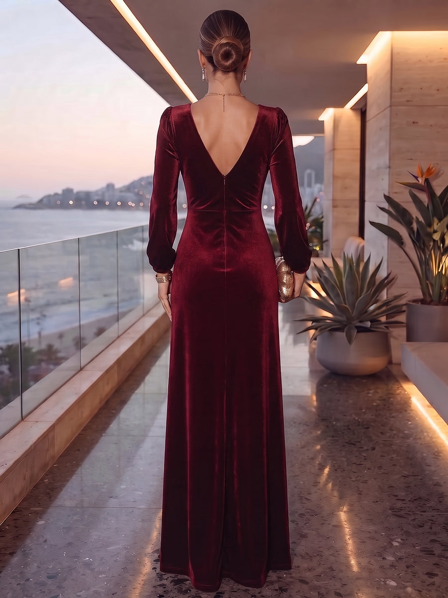 Sheath/Column V-Neck Long Sleeves Velvet Floor-Length Evening Dresses with Ruched