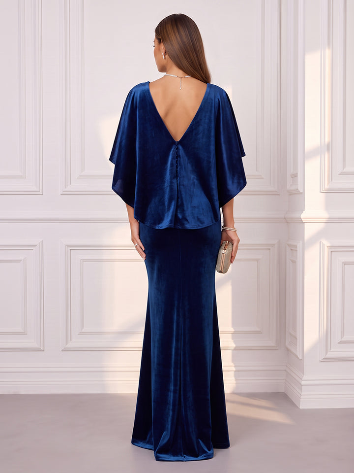 Sheath/Column V-Neck Cap Sleeves Velvet Floor-Length Evening Dresses with Ruched