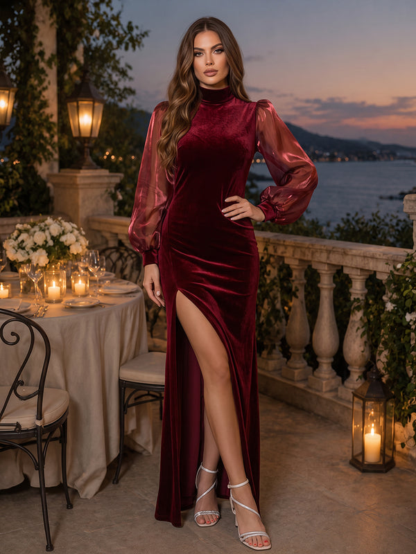 Trumpet/Mermaid High Neck Long Sleeves Velvet Organza Floor-Length Evening Dresses with Ruched