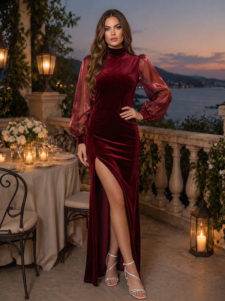 Trumpet/Mermaid High Neck Long Sleeves Velvet Organza Floor-Length Evening Dresses with Ruched