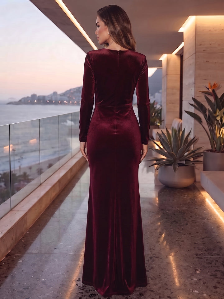 Sheath/Column V-Neck Long Sleeves Velvet Floor-Length Evening Dresses with Ruched