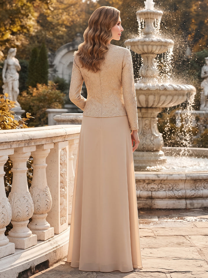 A-Line/Princess Scoop 3/4 Sleeves Chiffon Floor-Length Mother of the Bride Dresses with Applique
