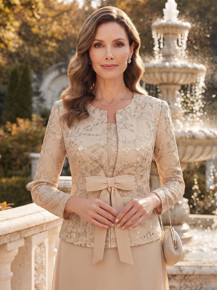 A-Line/Princess Scoop 3/4 Sleeves Chiffon Floor-Length Mother of the Bride Dresses with Applique