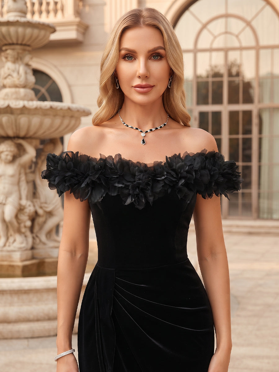 Sheath/Column Off-the-Shoulder Sleeveless Velvet Floor-Length Mother of the Bride Dresses with 3D Flower &amp; Split Side