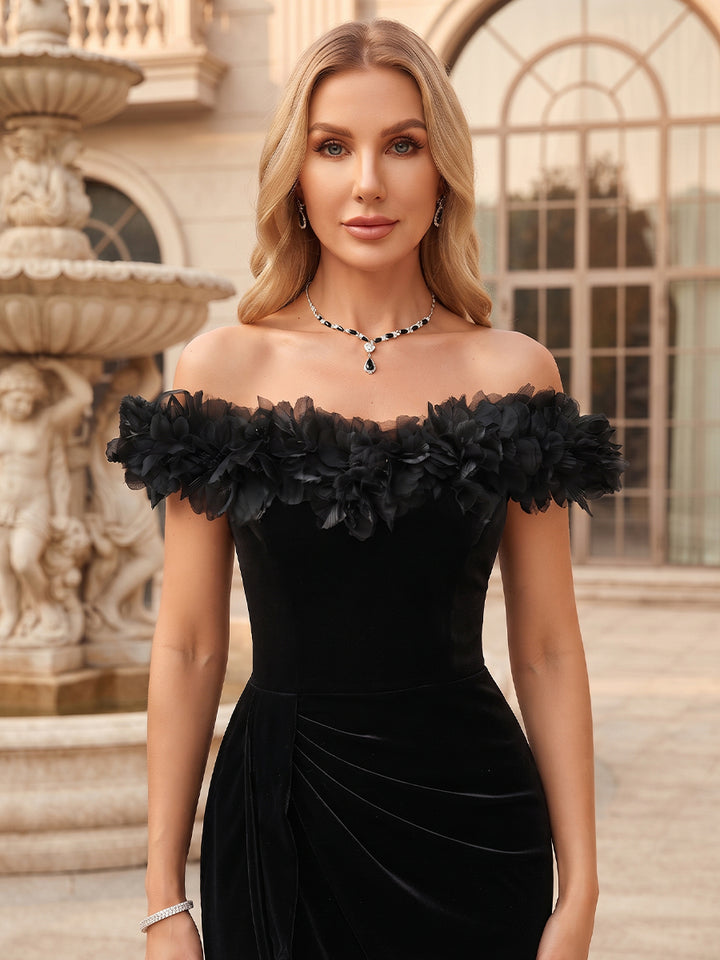 Sheath/Column Off-the-Shoulder Sleeveless Velvet Floor-Length Mother of the Bride Dresses with 3D Flower &amp; Split Side