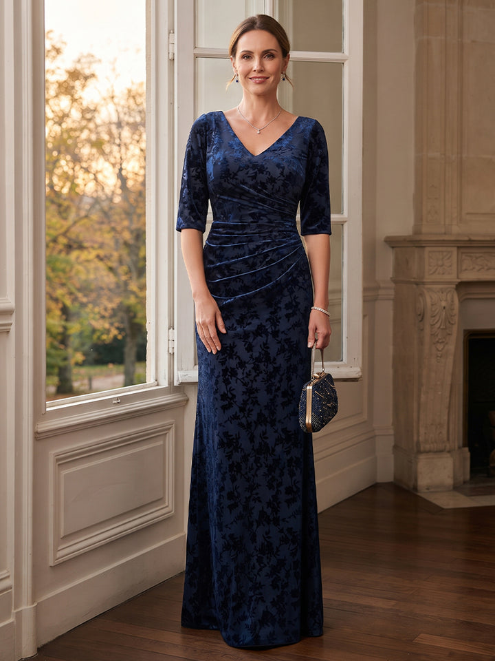 Sheath/Column V-Neck Half Sleeves Floral Burnout Floor-Length Mother of the Bride Dresses
