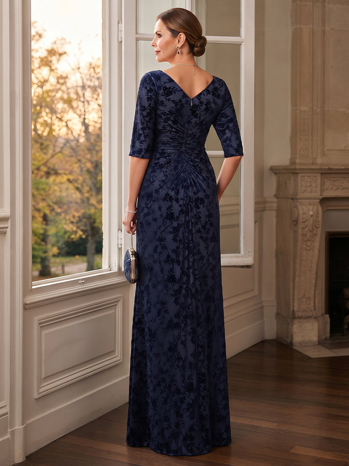 Sheath/Column V-Neck Half Sleeves Floral Burnout Floor-Length Mother of the Bride Dresses