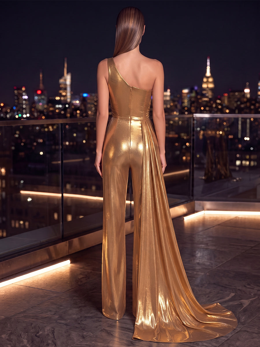 Jumpsuits One-Shoulder Sleeveless Metallic Floor-Length Evening Dresses with 3D Flower