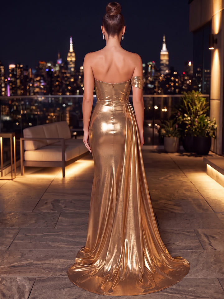 Trumpet/Mermaid One-Shoulder Sleeveless Metallic Floor-Length Evening Dresses with Pleats