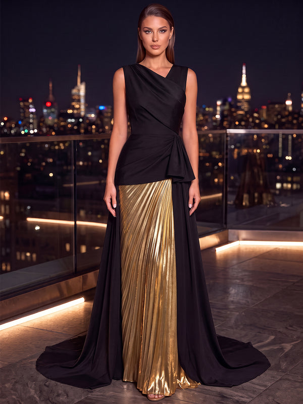 A-Line/Princess V-Neck Sleeveless Metallic Satin Floor-Length Evening Dresses with Pleats