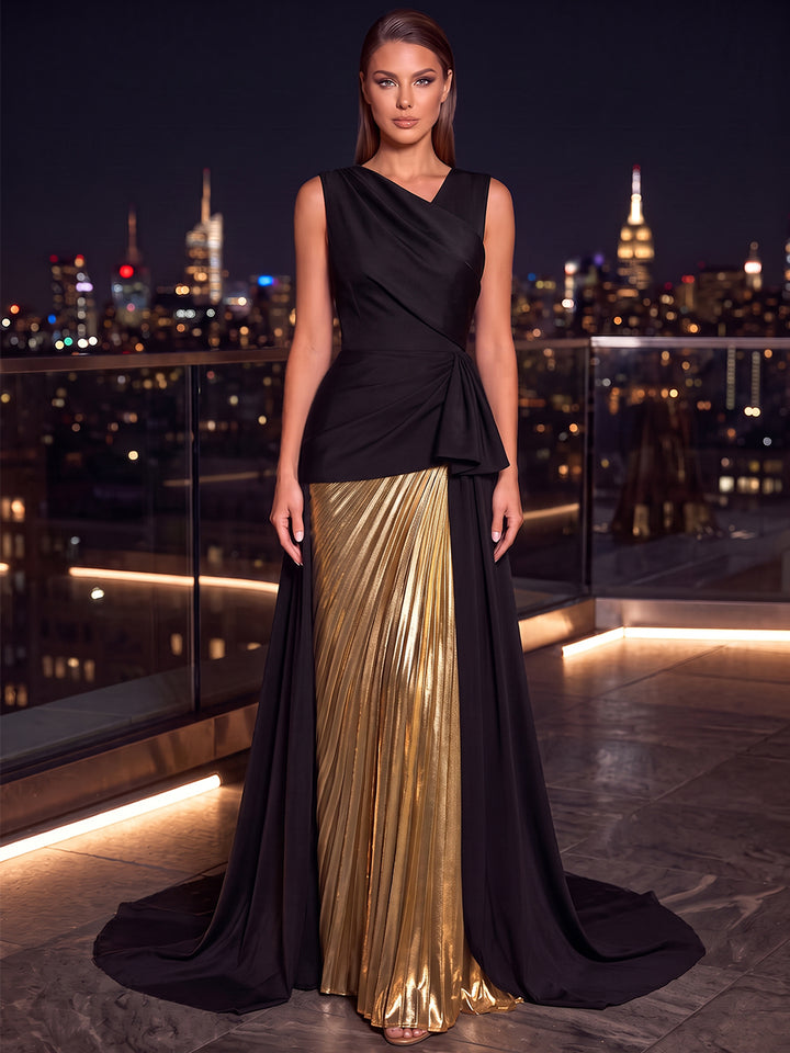 A-Line/Princess V-Neck Sleeveless Metallic Satin Floor-Length Evening Dresses with Pleats