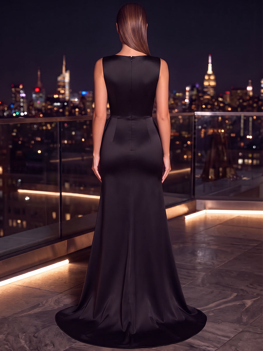 A-Line/Princess V-Neck Sleeveless Metallic Satin Floor-Length Evening Dresses with Pleats
