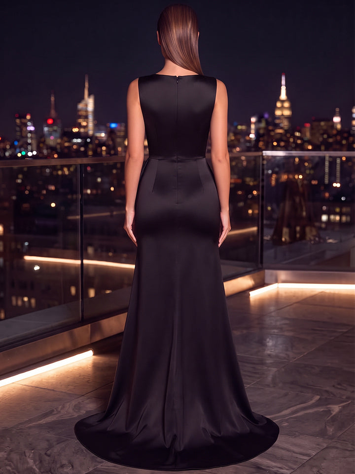 A-Line/Princess V-Neck Sleeveless Metallic Satin Floor-Length Evening Dresses with Pleats