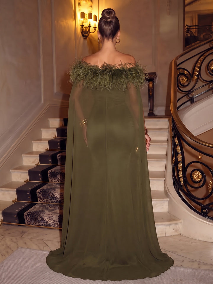 Sheath/Column Off-the-Shoulder Sleeveless Chiffon Floor-Length Evening Dresses with Feather