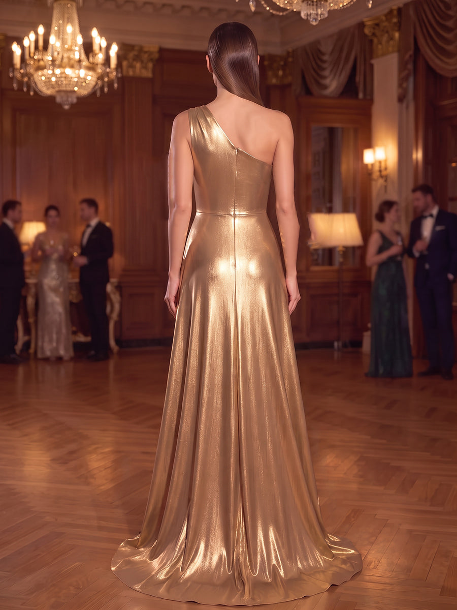 A-Line/Princess One-Shoulder Sleeveless Metallic Floor-Length Evening Dresses with Bowknot