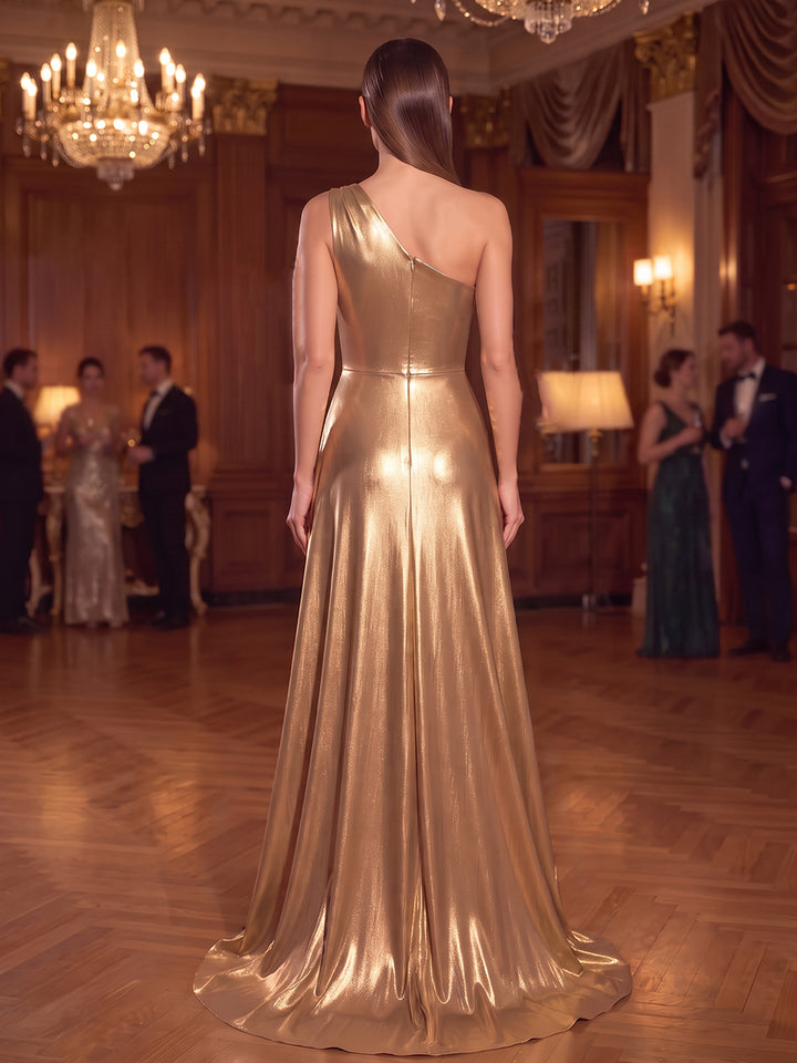 A-Line/Princess One-Shoulder Sleeveless Metallic Floor-Length Evening Dresses with Bowknot