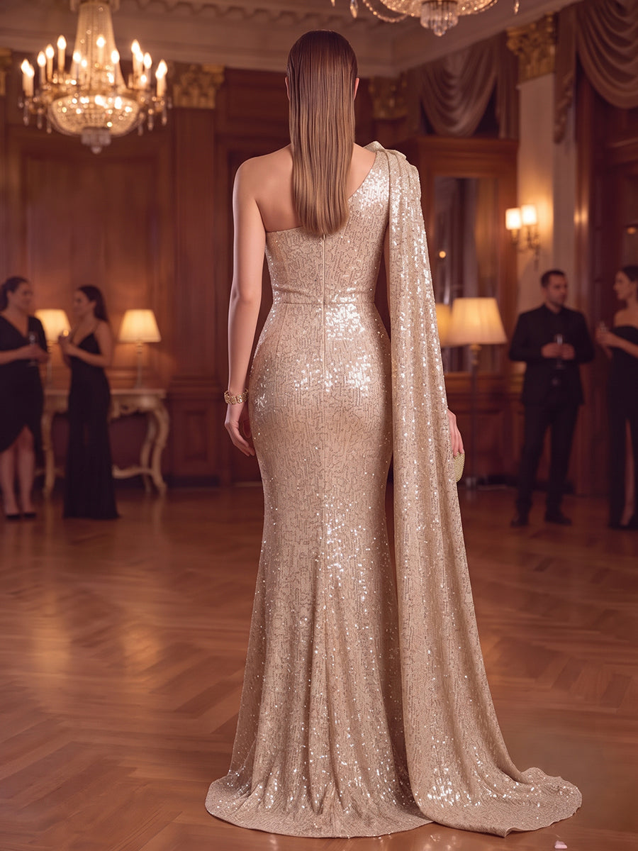 Sheath/Column One-Shoulder Sleeveless Sequin Floor-Length Evening Dresses with 3D Flower