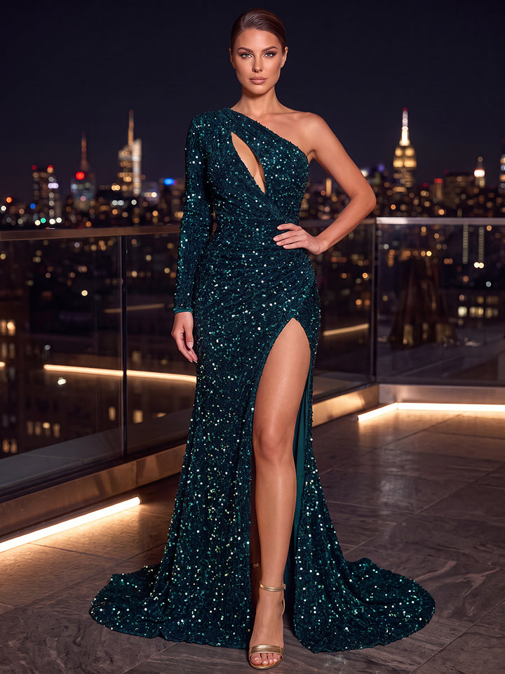 Trumpet/Mermaid One-Shoulder Long Sleeves Sequin Floor-Length Evening Dresses with Cut Out