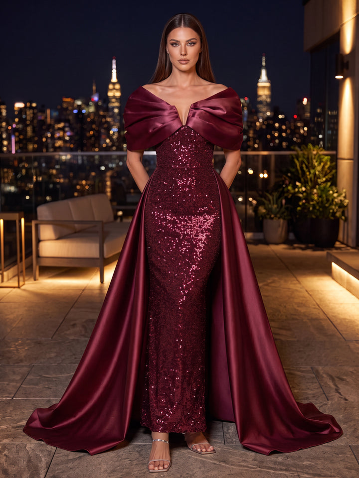 A-Line/Princess Off-the-Shoulder Sleeveless Satin Floor-Length Evening Dresses with Sequins&amp;Pleats